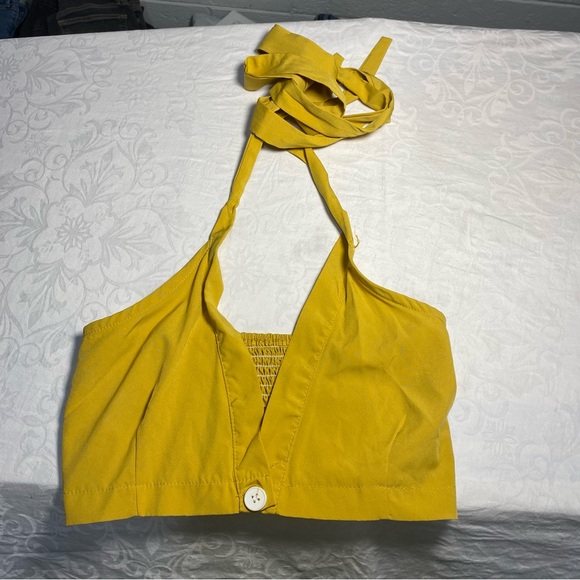 Unique Halter Top Button Front Plunge V Neck Smocked Yellow Vintage Style Medium - Picture 1 of 6
